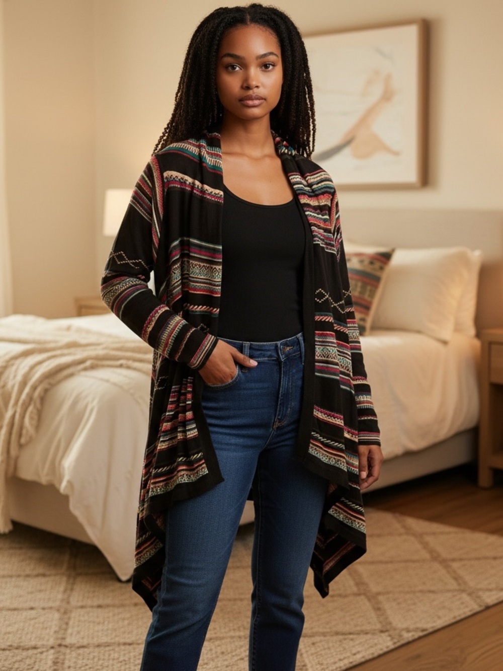 Women’s Open-Front Hooded Cardigan Sweater - Black Multi